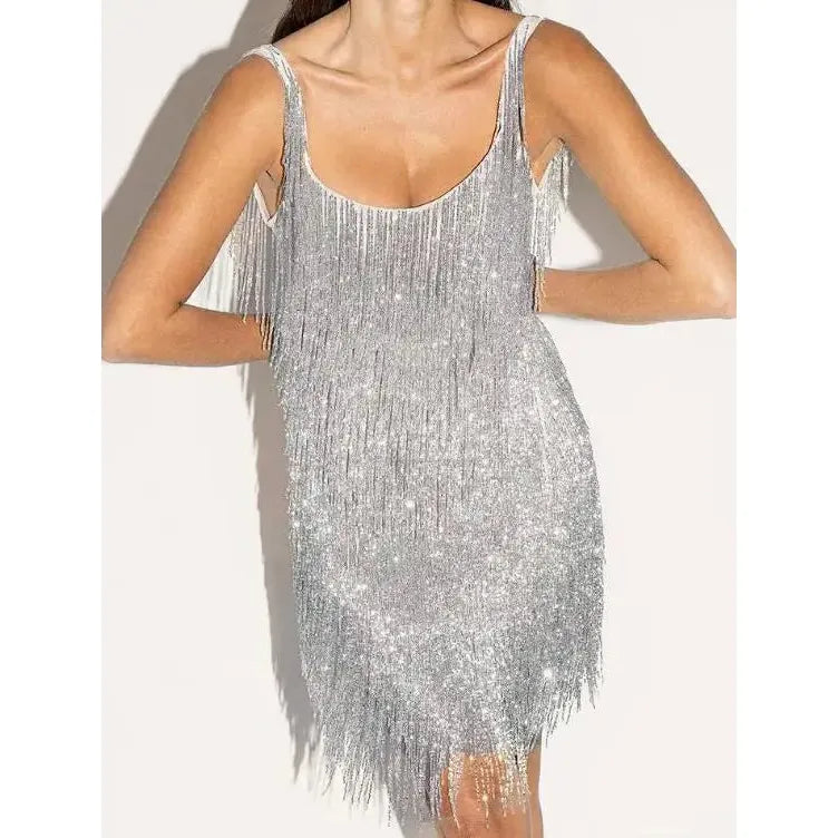 Glitzerndes rückenfreies Minikleid mit tiefem V-Ausschnitt für Partys